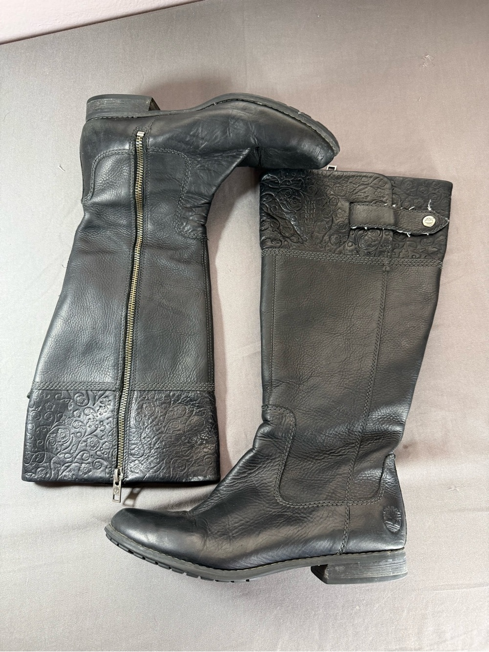Timberland Black Leather Knee-High Riding Boots with Embossed Trim